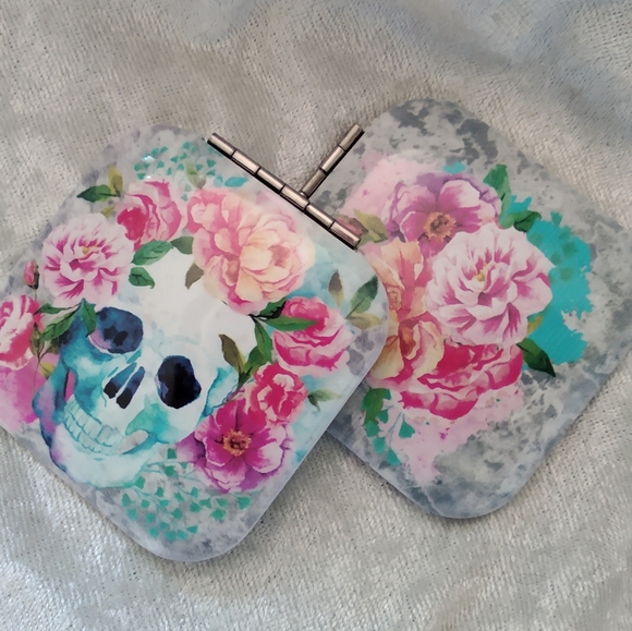 Floral skull compact mirror - blue & pink square - Picture 2 of 4